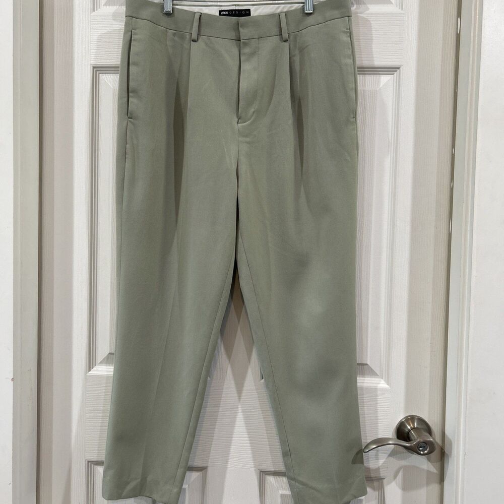 ASOS Design Men's 32" Tapered Trouser Slim Fit Pleated Dress Pants Soft Green